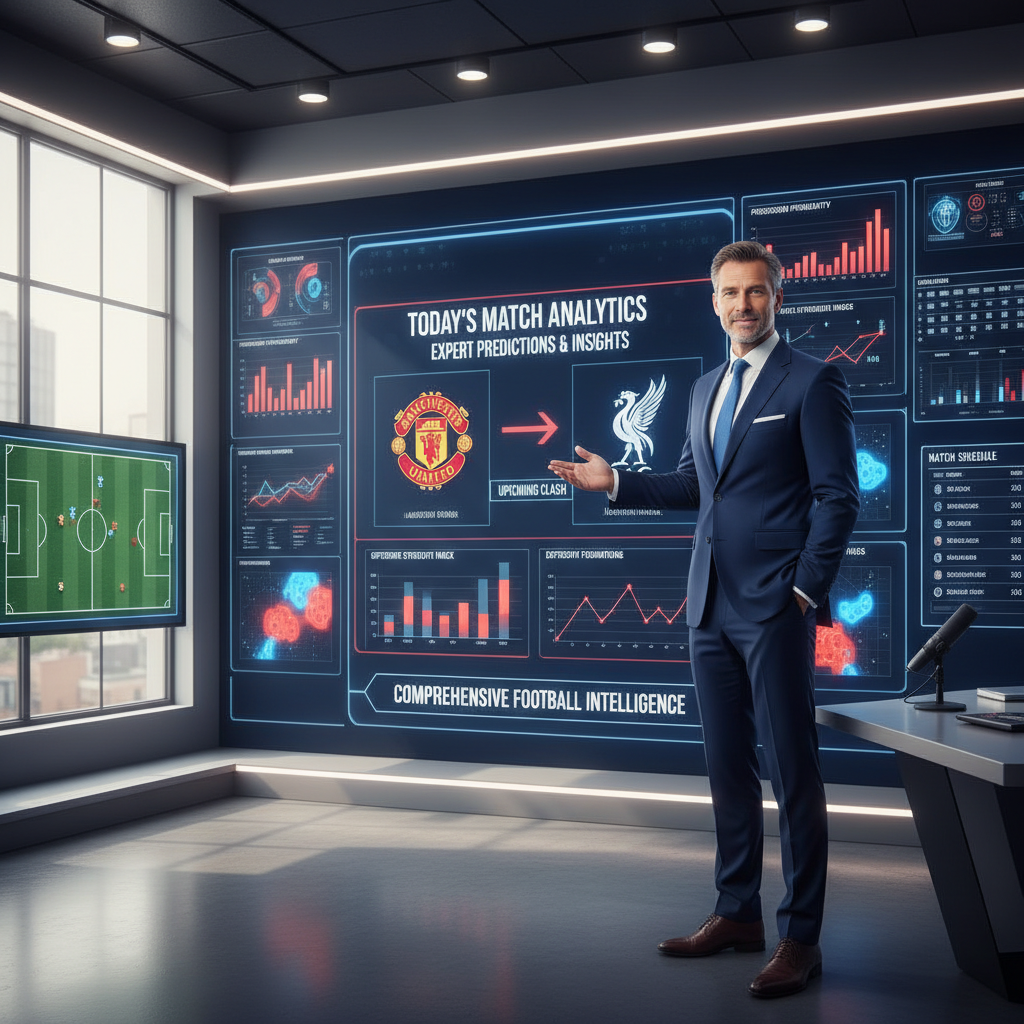 图片ALT文本：自信的体育分析师在现代演播室内，面对多屏幕显示即将进行的足球比赛和统计数据，屏幕上展示战术阵型和高亮球队标志，营造专业精准的足球赛事预测氛围，适合今日足球预测推荐使用。