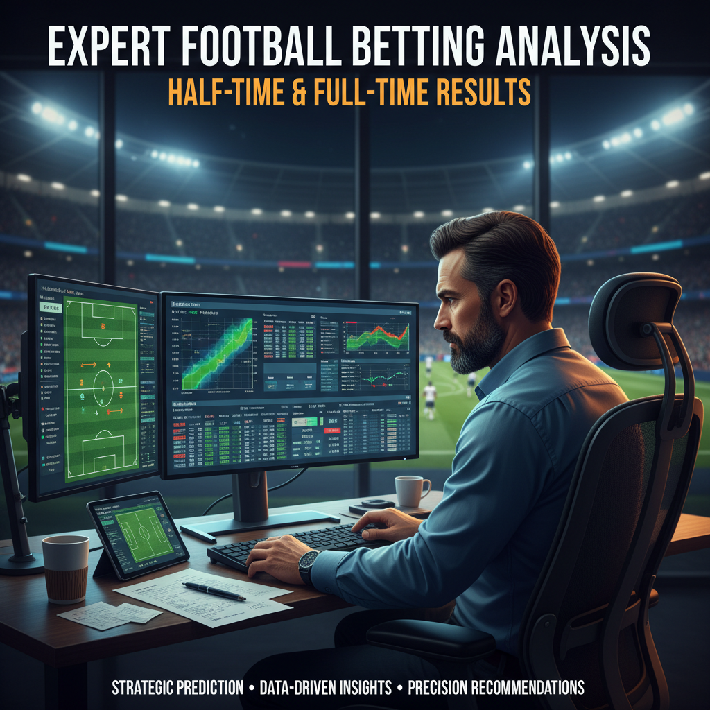图片ALT文本：一张写实风格海报，展示专业体育分析师在多个屏幕前研究足球比赛数据、图表和战术示意图，背景隐约呈现足球场氛围，突出竞彩足球半全场推荐分析的专业与精准。