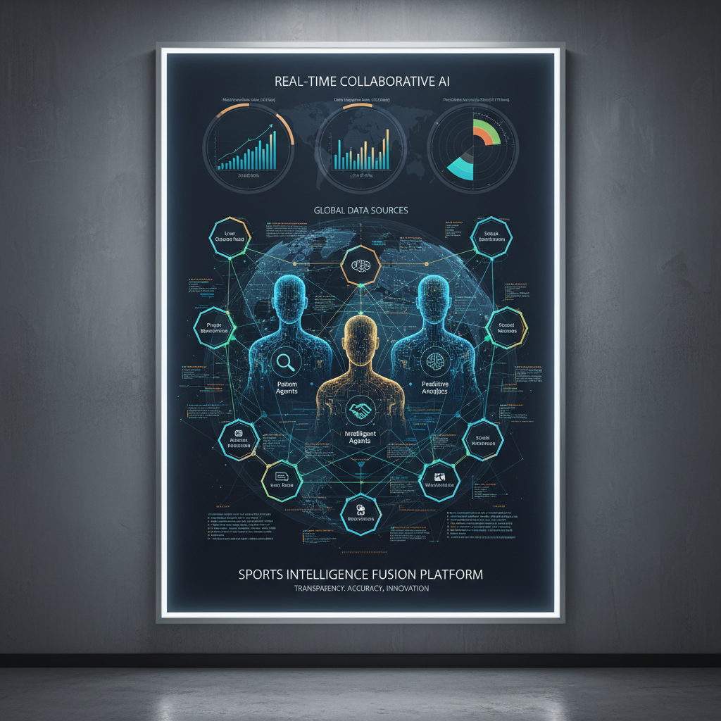 ALT文本：抽象数据可视化海报，展示多个智能体协同处理实时数据流和信息融合，突出互联节点、动态数据流和分层分析指标，体现现代专业风格和透明准确的先进足球数据分析技术。