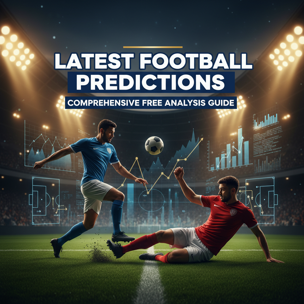 图片ALT文本：一幅真实风格的体育海报，展示足球运动员在明亮的体育场灯光下绿茵场上激烈对抗，背景巧妙融合战术图表和数字数据叠加，象征专业的足球分析与精准预测，整体设计简洁现代，醒目字体突出“最新足球预测”和“全面免费分析指南”，传达自信、准确与专业的足球预测推荐信息。