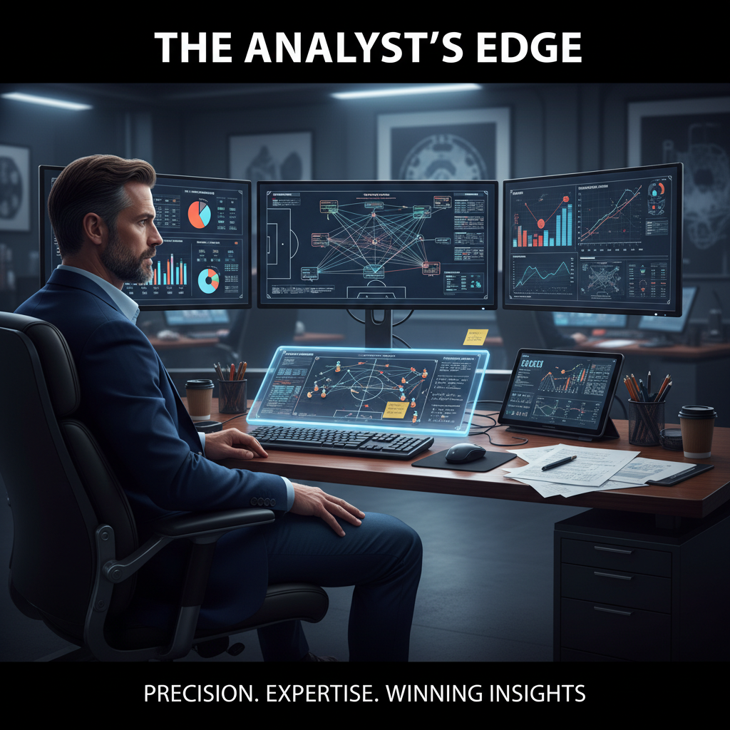 图片ALT文本：专业足球分析师在现代体育数据分析室内，认真查看多屏幕上的详细足球比赛数据和图表，背景包含战术板、统计图表和战略笔记，体现精准、专业的足球预测分析与独家推荐。