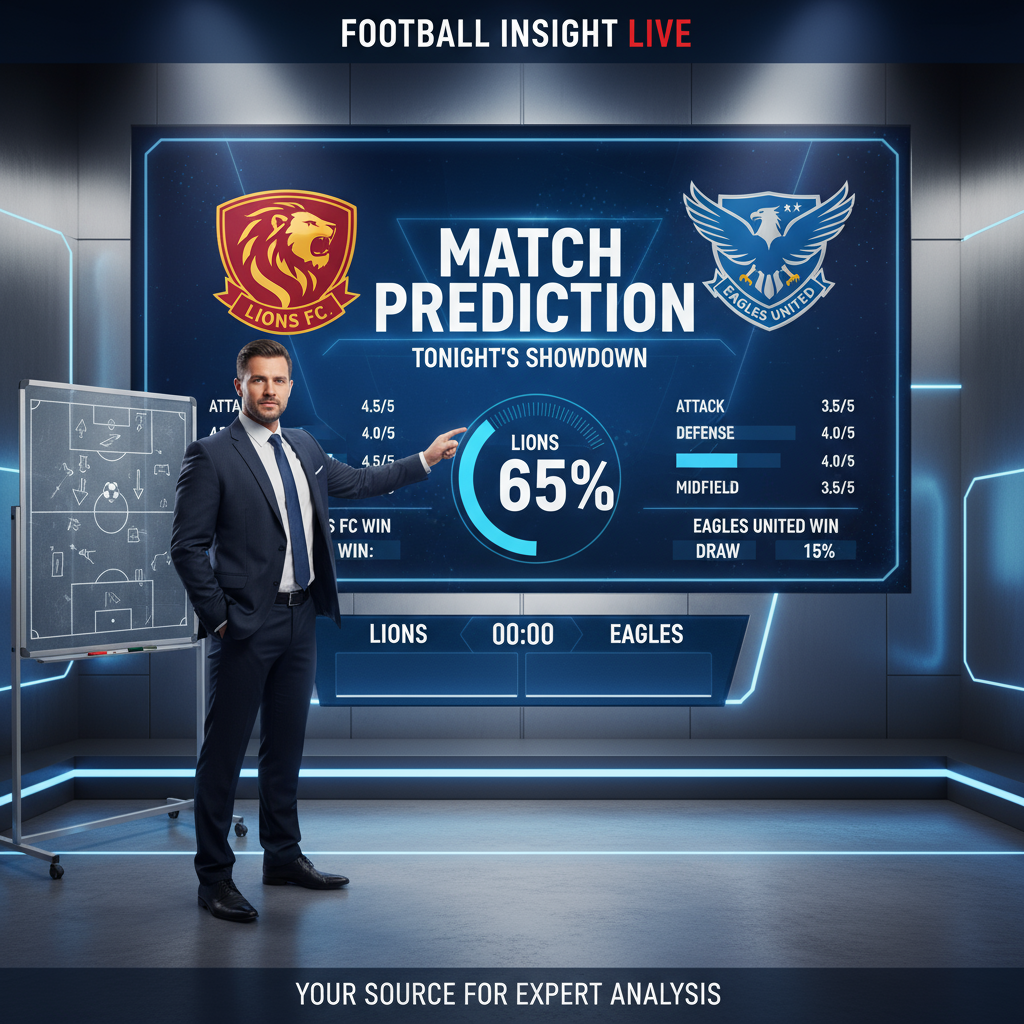 今晚足球赛事预测海报，包含数字记分牌、战术足球图表，专业体育分析师指向大屏幕显示球队标志和比赛统计数据，现代演播室背景，灯光突显专业与权威