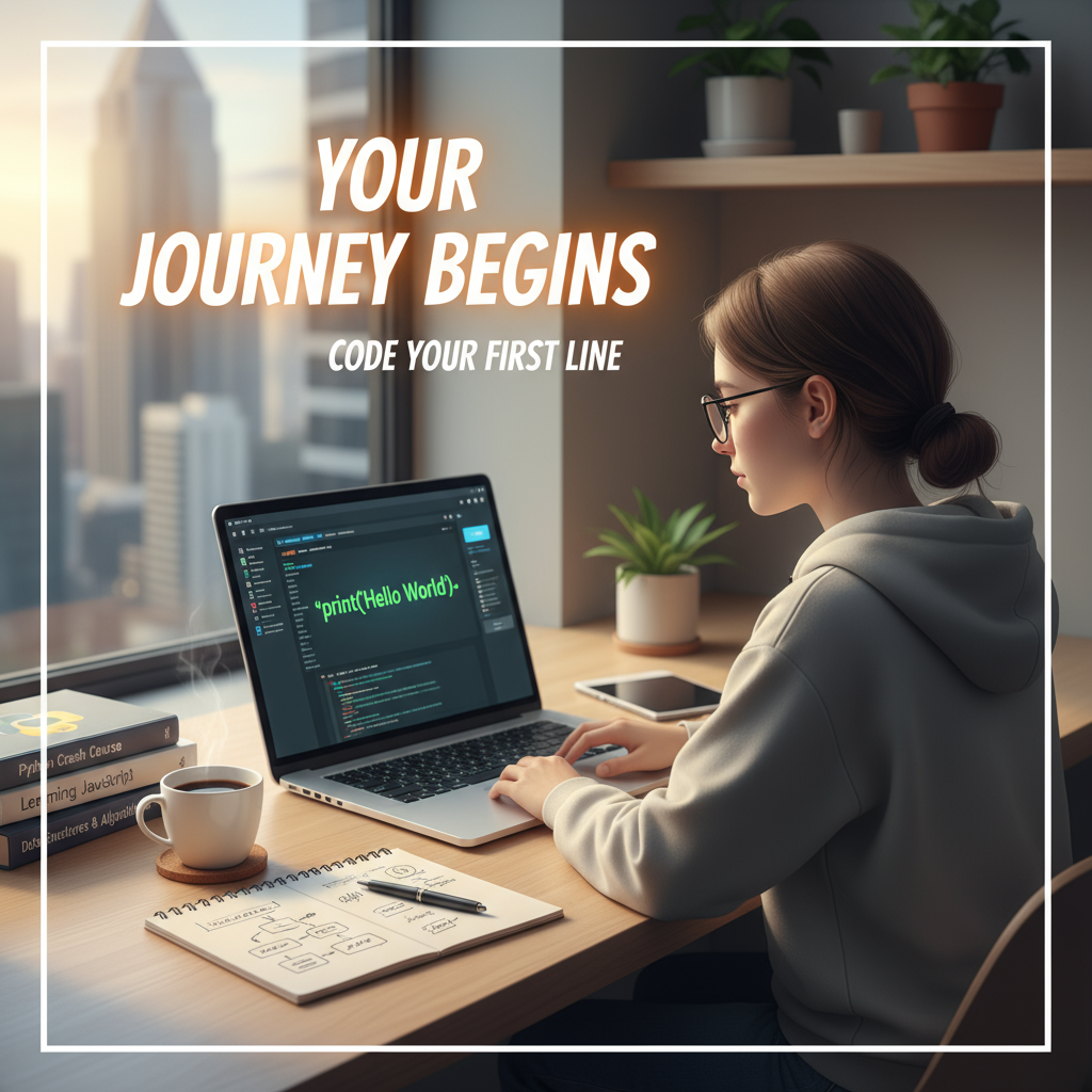 图片ALT文本：一个初学编程者在现代明亮的工作空间内，专注于笔记本电脑上编写经典的“Hello World”程序，桌上摆放着编程书籍、咖啡杯和手写笔记，场景细致真实，体现学习编程基础的兴奋与动力。