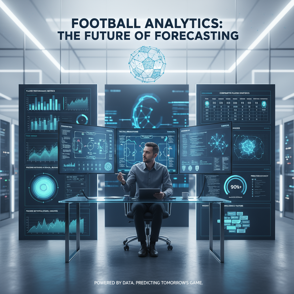 Alt text: A professional analyst in a modern sports analytics room studies multiple screens displaying data charts, player statistics, tactical formations, and digital analytics interfaces, illustrating advanced football prediction techniques with precision and expertise.