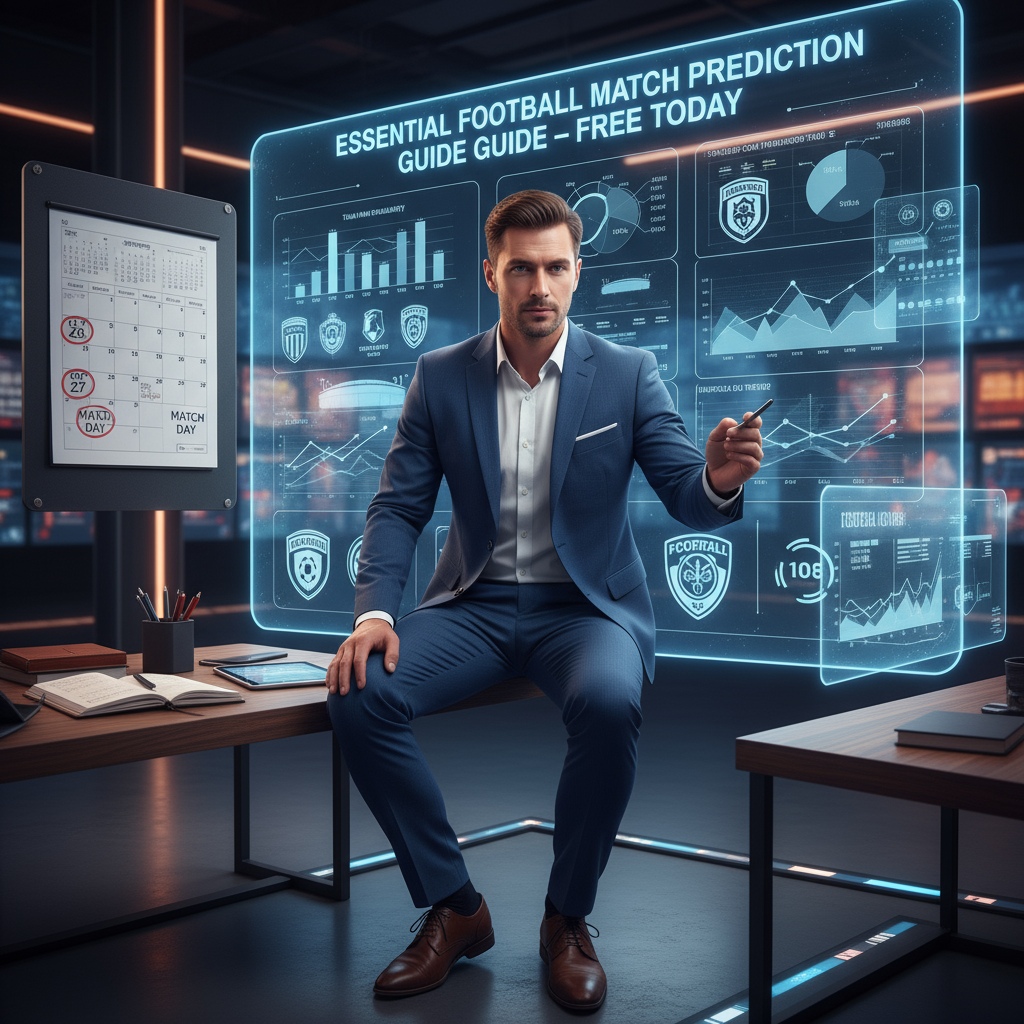 图片ALT文本：自信的体育分析师在现代演播室内，面对大型数字屏幕详细审查多场足球比赛预测，屏幕上显示图表、球队标志和赛程日历，桌上摆放有策略笔记本，屏幕顶部发光标题“今日足球预测推荐免费：今天足球赛事预测必备完整指南”，整体氛围专业、精准且可信赖。