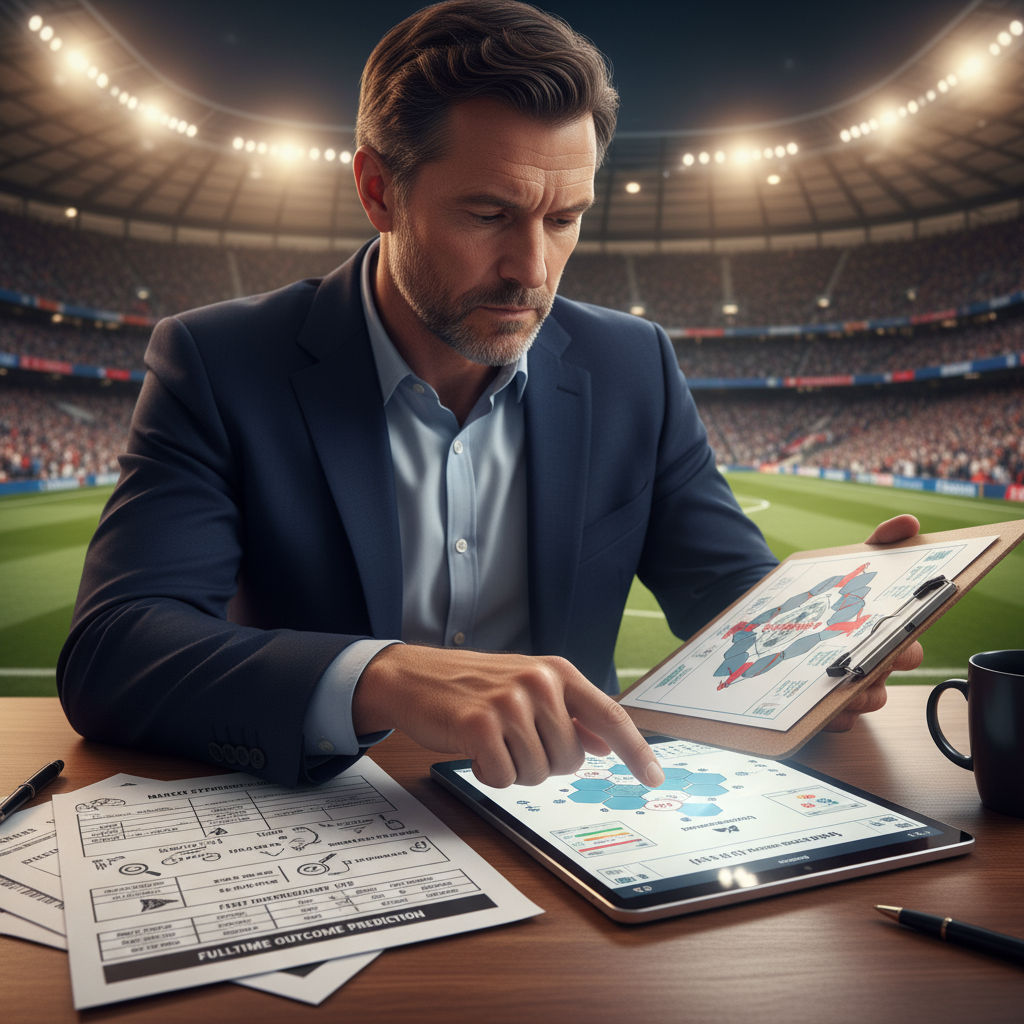图片ALT文本：一位足球教练在球场边近距离研究战术图表和半全场比赛预测表，背景是座无虚席的体育场，手持夹板或数字平板显示比赛统计数据、投注技巧和战略笔记，光线自然，质感真实，体现专业且可信的足球预测分析场景。