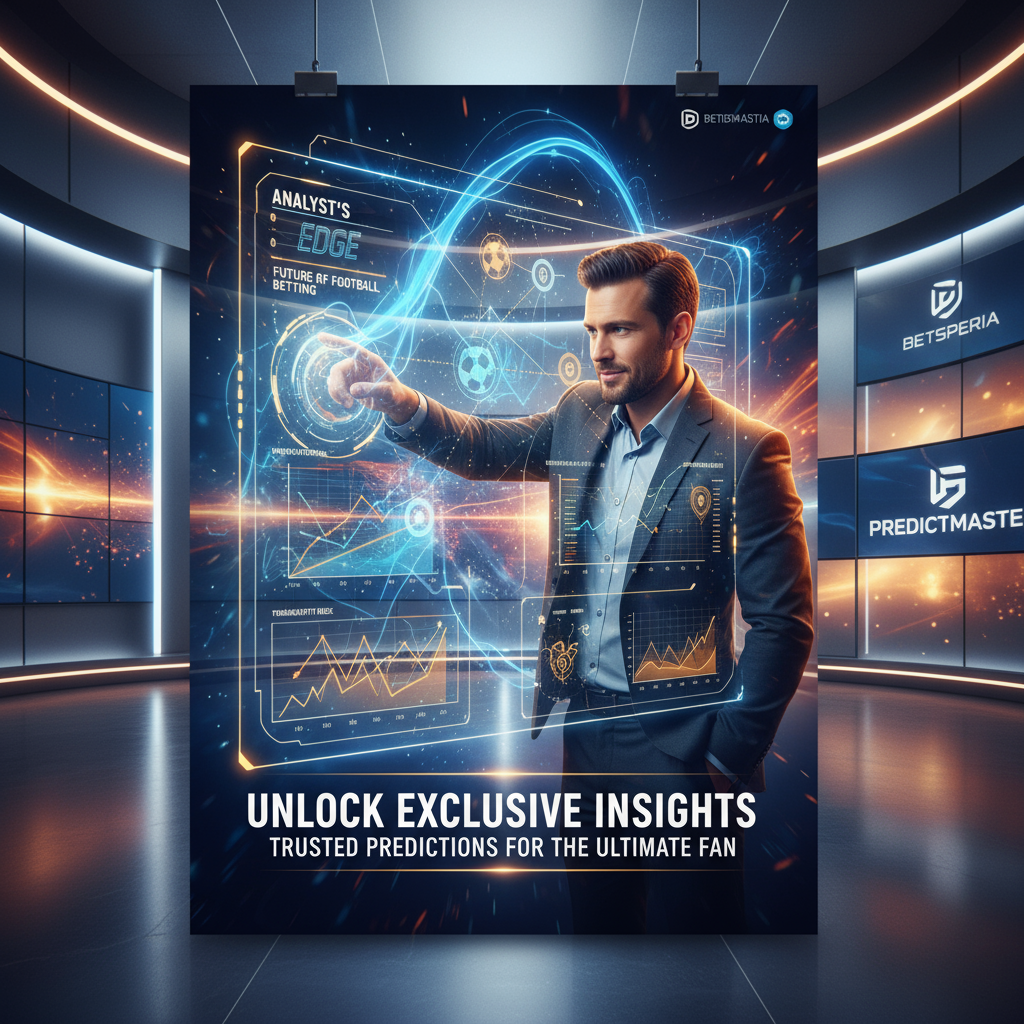 图片ALT文本：一位自信的体育分析师在现代演播室内，指向显示动态足球比赛统计和预测图表的大型数字屏幕，背景融入足球竞猜和专家推荐的品牌元素，整体色调大胆充满活力，突出足球预测爱好者的信任与精准独家见解。