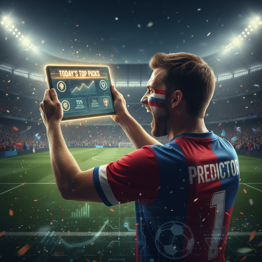 图片ALT文本：一位热情的足球迷手持平板电脑，显示专家足球预测分析，背景是灯光璀璨、观众欢呼的现代足球场，配有数据图表、策略图标和发光的“今日精选推荐”横幅，整体氛围充满信心与专业，体现免费今日足球预测推荐的权威性和看球秘诀。