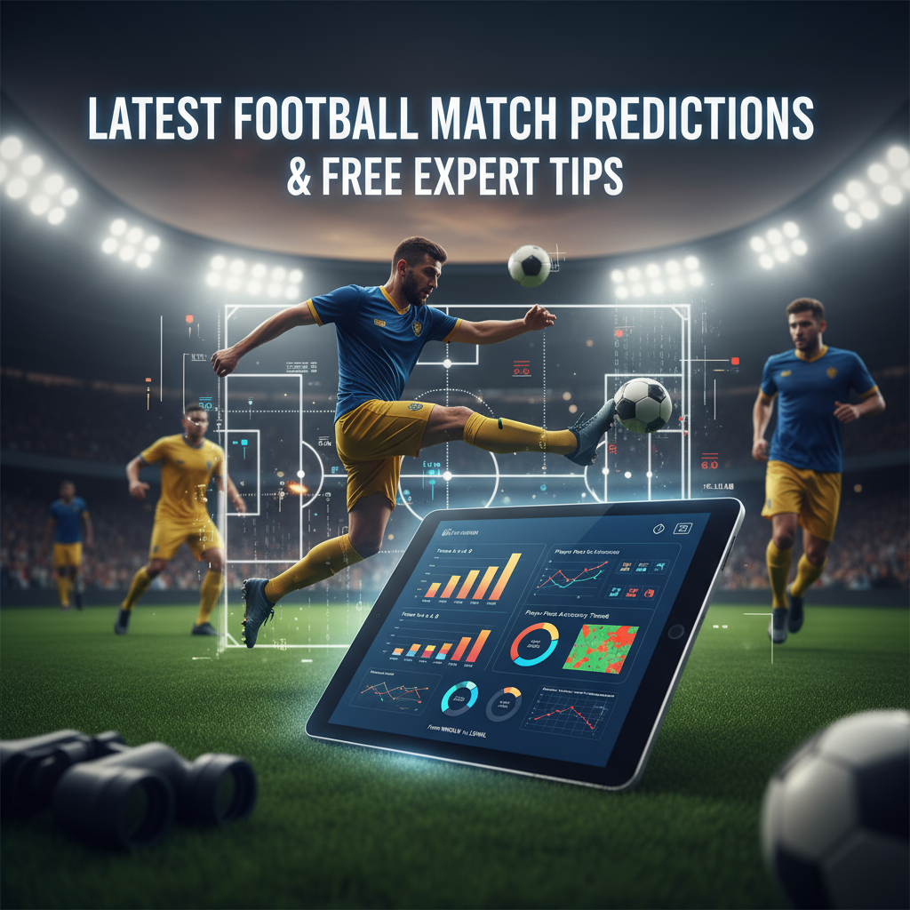 图片ALT文本：一张真实风格的足球海报，展现球员在绿茵场上激烈拼抢，背景有数字平板显示详细统计数据和图表，隐约可见战术板和数据图形，布局现代简洁，醒目字体展示“今日足球预测推荐免费：最新比赛预测完整指南”，整体氛围专业且充满足球预测的激情与精准。