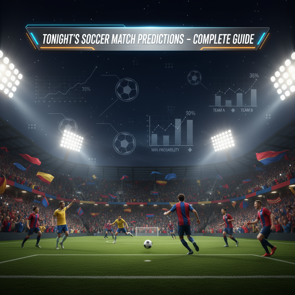 图片ALT文本：今晚足球赛事预测完整指南海报，展现灯光璀璨的足球场景，热情球迷身穿队服欢呼，球员在球场上激烈拼搏，夜空清晰，包含战术图标和比赛预测图表，标题采用现代字体，氛围紧张且专业。