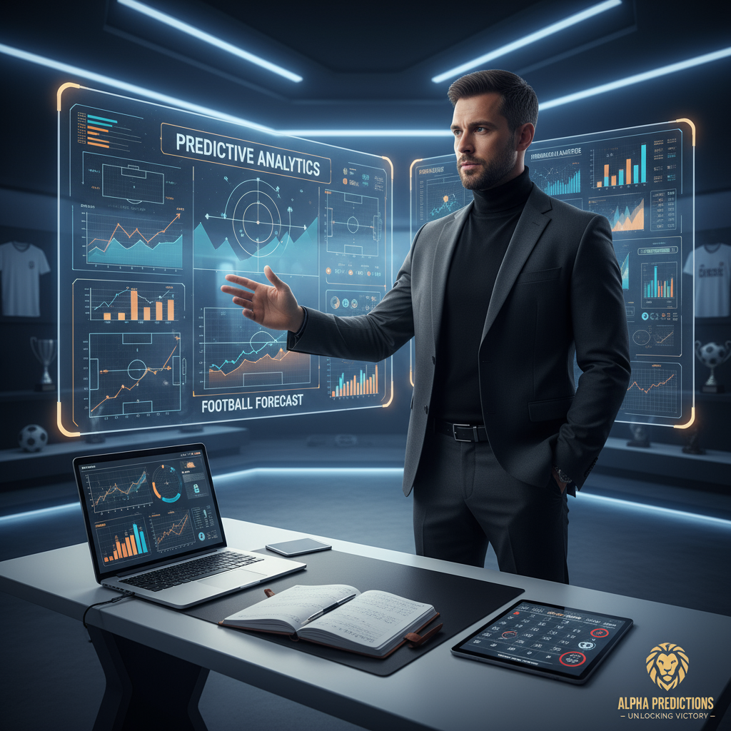 图片ALT文本：一张逼真详细的体育主题海报，展示一位自信的分析师在现代工作室内通过多屏幕研究足球比赛数据，屏幕上显示图表和战术图解，环境灯光营造专业氛围，旁边有日历、手写笔记本和展示统计模型的笔记本电脑，体现深入分析和独家预测秘诀，传递准确足球赛事预测的可信赖感。