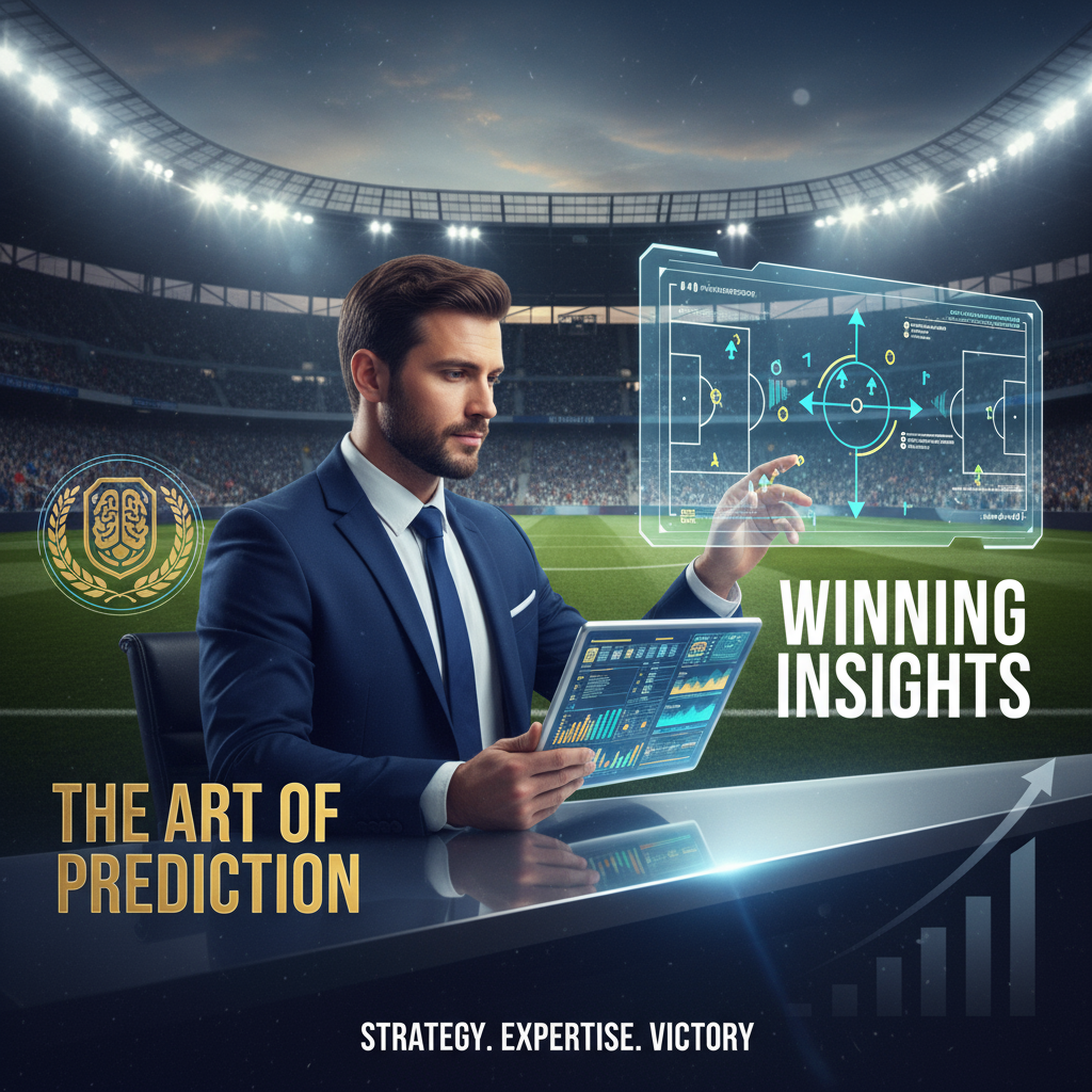 图片ALT文本：一位自信的体育分析师手持数字平板，认真查看比赛数据，透明屏幕上展示战术足球图解，背景是热情欢呼的足球场观众，整体氛围专业且充满活力，体现足球预测与分析的专业性和策略性。