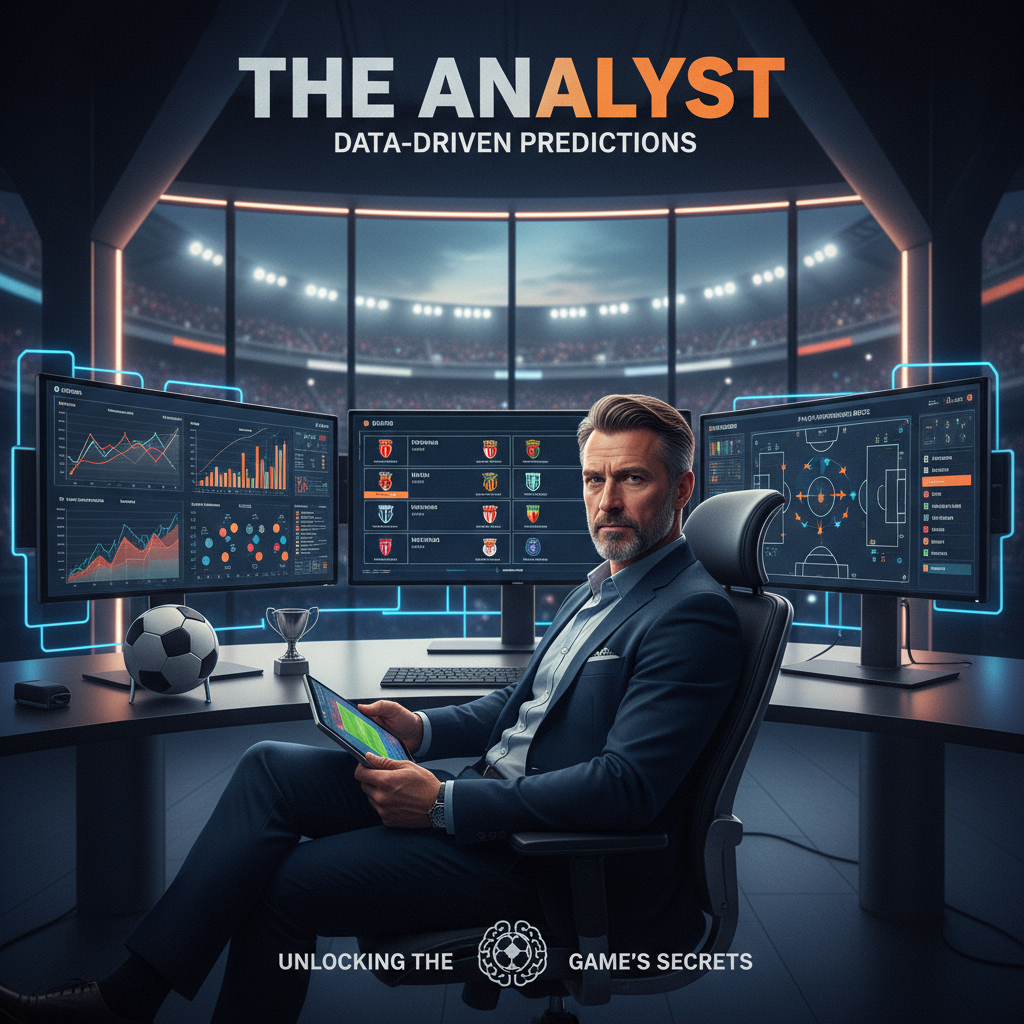 图片ALT文本：一位自信的体育分析师在现代工作空间中通过多屏幕详细分析即将到来的足球比赛，屏幕上显示战术图表和球员统计数据，背景隐约可见足球场景，突出专业洞察力和数据驱动的赛事预测，传达足球赛事结果预测的权威与可靠性。