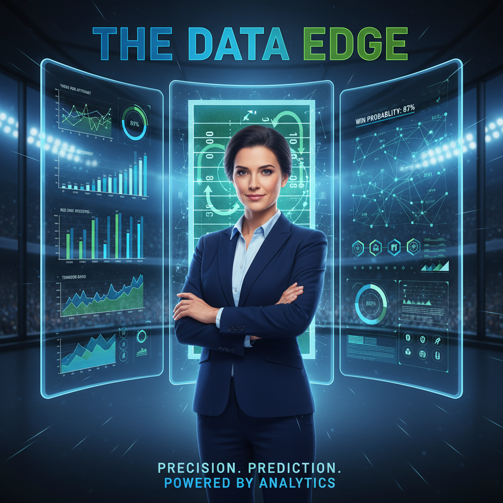 图片ALT文本：一位自信的体育分析师站在多块大型数字屏幕前，屏幕上显示复杂的足球统计数据、图表和战术示意图，背景为高科技体育分析环境，远处隐约可见体育场灯光和观众席，整体色调以蓝绿为主，突出精准的数据驱动预测和专业的战略洞察。