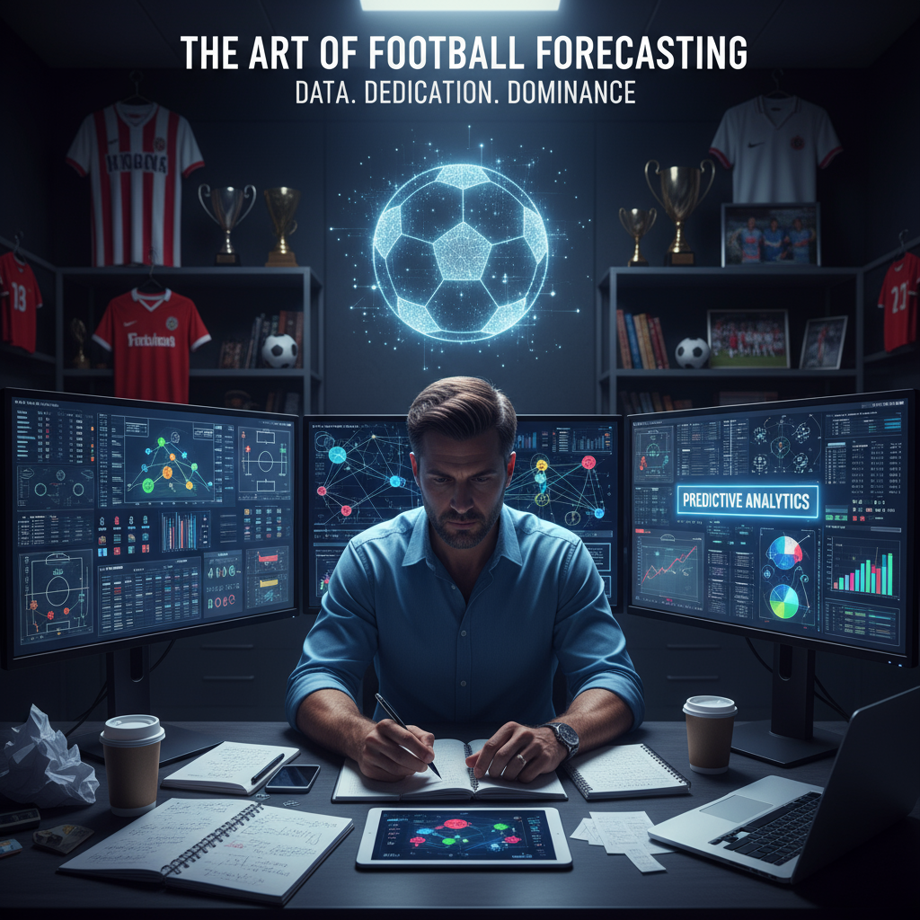 图片ALT文本：一位热情的足球分析师在现代昏暗的体育分析室内，通过多屏幕展示复杂数据、图表和战术图，专注研究足球赛事，周围摆放着足球纪念品、笔记本和统计图表，动态灯光突出其专业与专注，体现精准足球比分独家预测的深度研究与秘密策略。