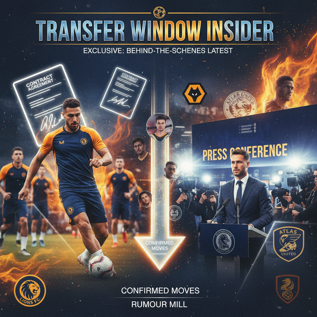 图片ALT文本：超写实风格足球转会内幕海报，展示职业球员训练和新闻发布会动态场景，包含官方俱乐部标志、转会文件和媒体闪光灯，色彩戏剧化且真实，突出转会季节的紧张与期待氛围。