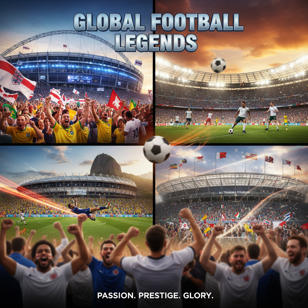 图片ALT文本：一张逼真细致的海报，展示了世界顶级足球赛事中的标志性体育场和热情的球迷，捕捉了动态比赛瞬间和鲜艳的球队色彩，在明亮的聚光灯下展现了足球赛事的全球激情与荣耀。