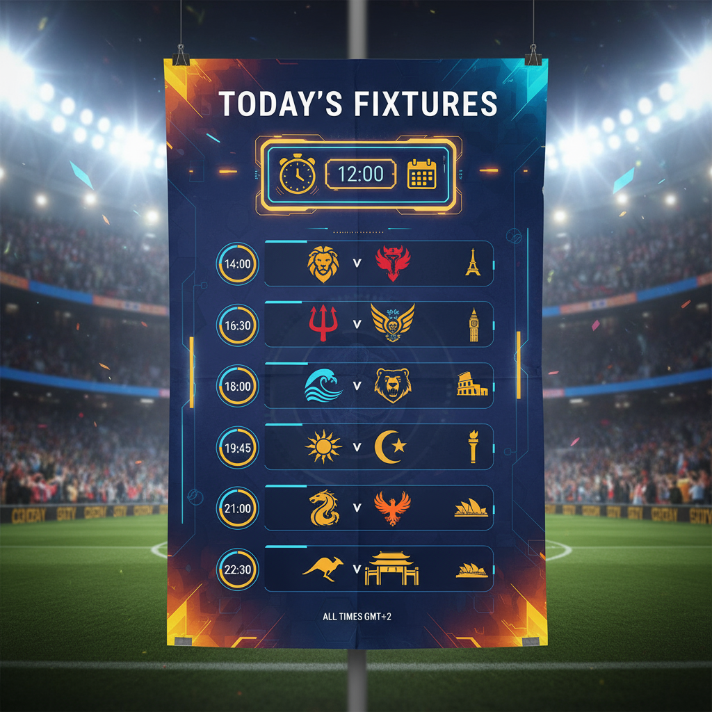图片ALT文本：今日足球赛事时间表海报，现代风格设计，包含清晰的比赛时间指示和球队标志，背景为充满活力的体育场灯光，突出专业体育主题，配有无数字计分板、时钟和日历图标，展示赛事时间安排的清晰有序布局。