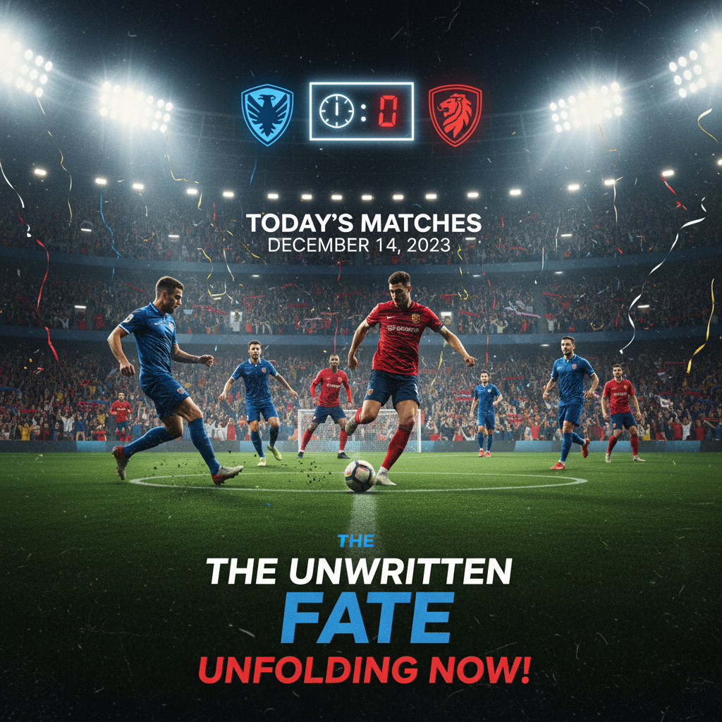 图片ALT文本：逼真详细的足球比赛海报，动态球员在绿茵场上激烈拼抢，体育场聚光灯照耀下，背景为热情观众，包含无比分显示的记分牌、球队标志及今日赛事日期，展现足球赛事的能量与激情。