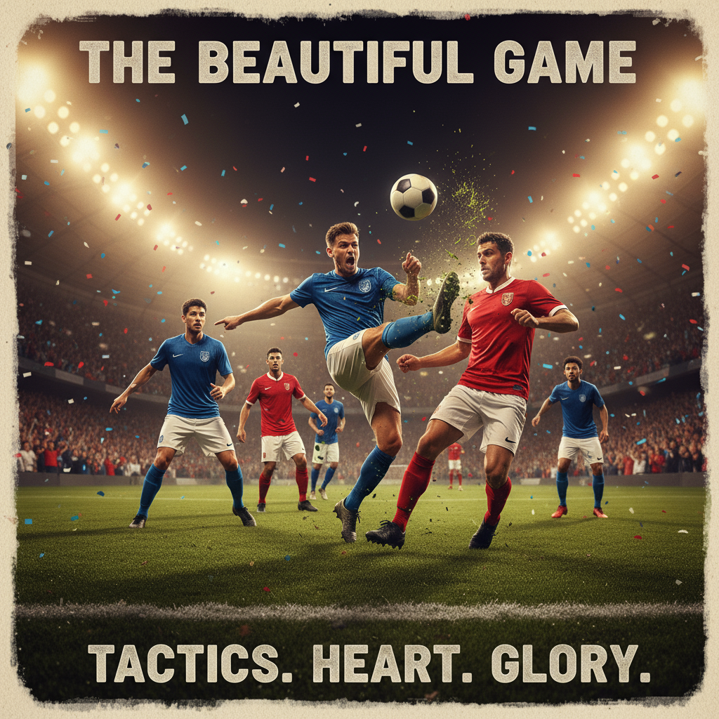 足球比赛激烈场景海报，展现充满激情的球员在明亮灯光下的运动瞬间，动态飞扬的草地和欢呼的观众，突出团队合作与战术交流，体现专业足球的紧张与活力