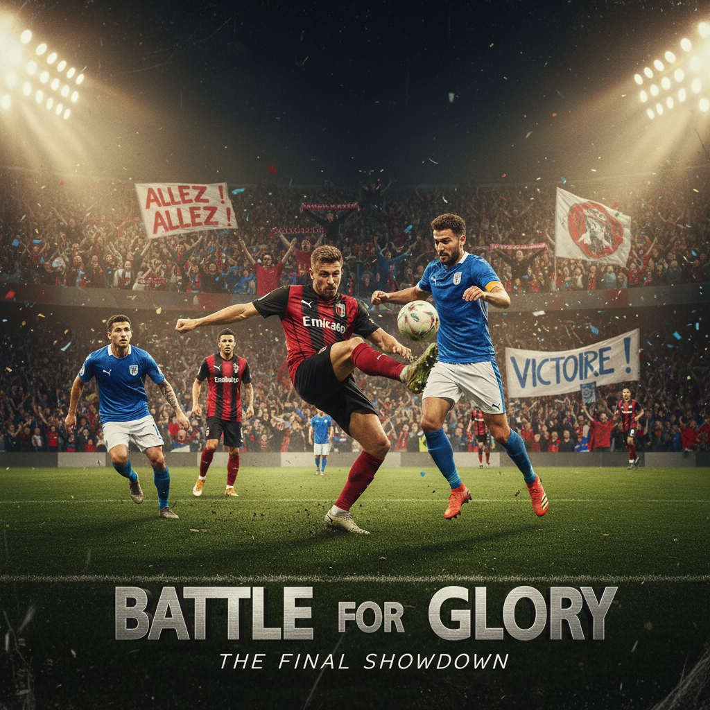 ALT text: Realistic and detailed poster of an intense football match with dynamic action shots of players in authentic team kits on a lush green pitch under stadium floodlights, passionate fans in the stands waving banners and scarves, capturing the excitement and anticipation of a top-tier football match without showing any score numbers.