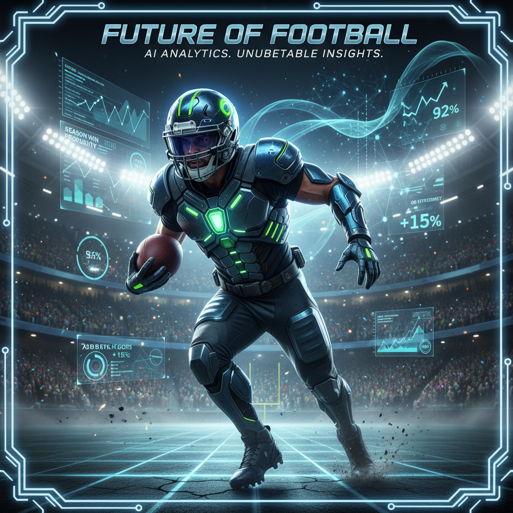 ALT text: A dynamic and realistic sports poster showing a confident football player in action on a vibrant stadium field filled with cheering fans under bright lights, featuring futuristic AI elements like holographic stats and digital overlays, in a sleek green, blue, and metallic color palette symbolizing advanced football predictions and expert analysis for the 2025 season.