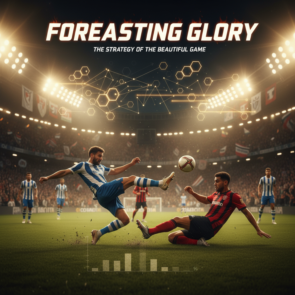 Alt text: Realistic and detailed poster of an intense football match under stadium floodlights, featuring dynamic player movements, focused expressions, vivid team uniforms clashing on a lush green pitch, a packed crowd with waving banners, and subtle digital overlays indicating tactical analysis and match predictions, capturing the excitement and strategic depth of football forecasting.