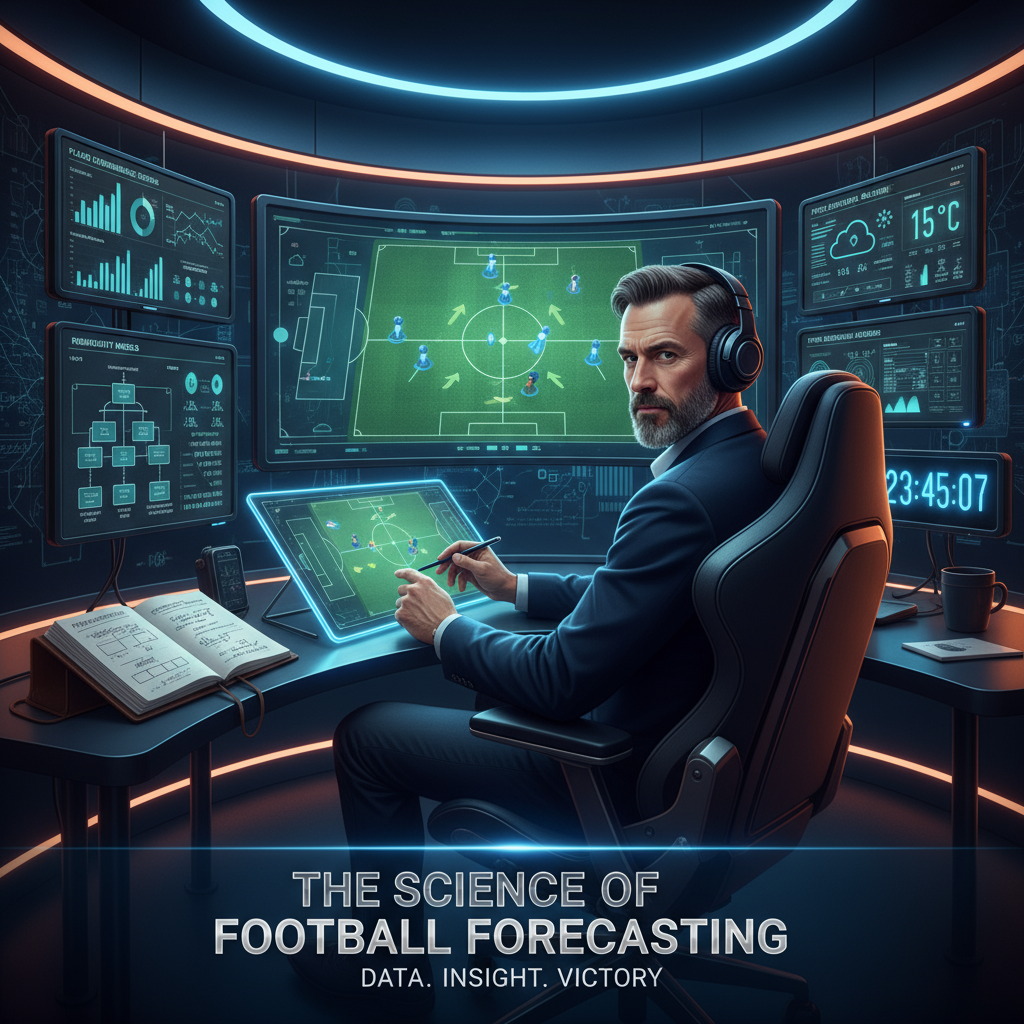 Alt text: A confident football analyst in a modern sports analysis studio examines multiple screens showing tactical formations, player statistics, and weather data, surrounded by ambient lighting, a digital clock, headphones, and a notepad with handwritten strategy notes, illustrating data-driven football prediction expertise.