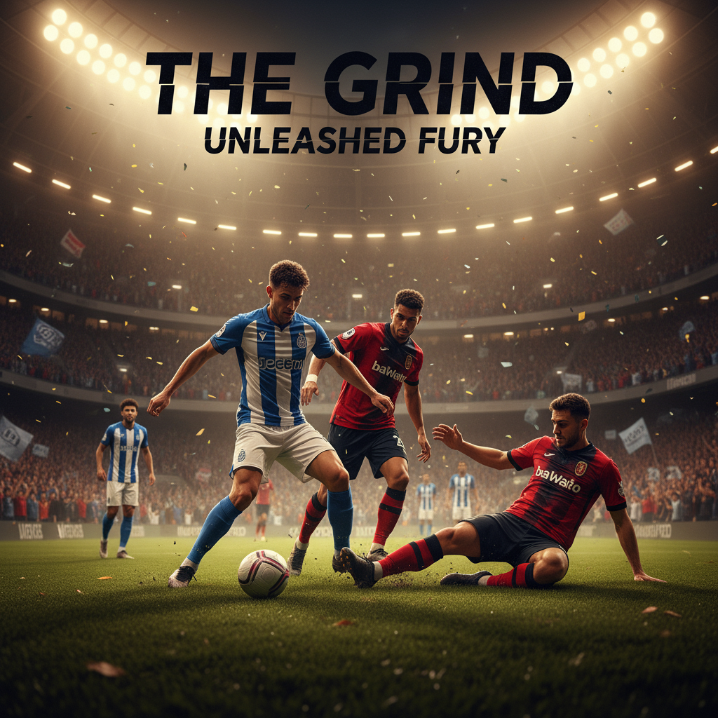 Alt text: Realistic dynamic sports poster showing tense football match under stadium floodlights with focused players dribbling, passing, and tackling in vivid team uniforms, energetic crowd in background, emphasizing game intensity and competitive spirit without scoreboards, featuring natural lighting and detailed textures.