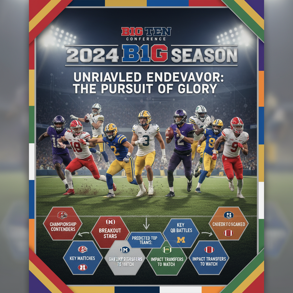Alt text: Realistic 2024 Big Ten college football poster showing athletes in authentic team uniforms in action on a vibrant stadium field with bright lights, featuring Big Ten conference logos and graphical elements highlighting season predictions, emphasizing intensity, teamwork, and competitive spirit with traditional Big Ten school colors in a clear, professional sports preview layout.