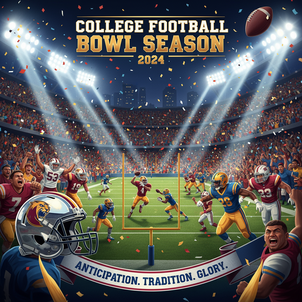 Alt text: Dynamic poster of the 2024 College Football Bowl season showing a vibrant stadium with cheering fans under bright lights, players in authentic team uniforms in intense action, and iconic college football imagery including helmets and goalposts, capturing the excitement and celebration of the bowl games.