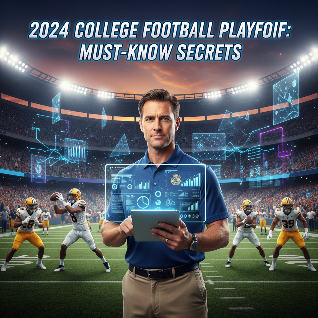 Alt text: A realistic poster of a college football stadium at dusk filled with enthusiastic fans under bright lights, featuring a confident coach analyzing game strategies on a digital tablet, players preparing dynamically on the sidelines, and holographic charts and glowing play diagrams symbolizing AI data analytics, with the bold headline 
