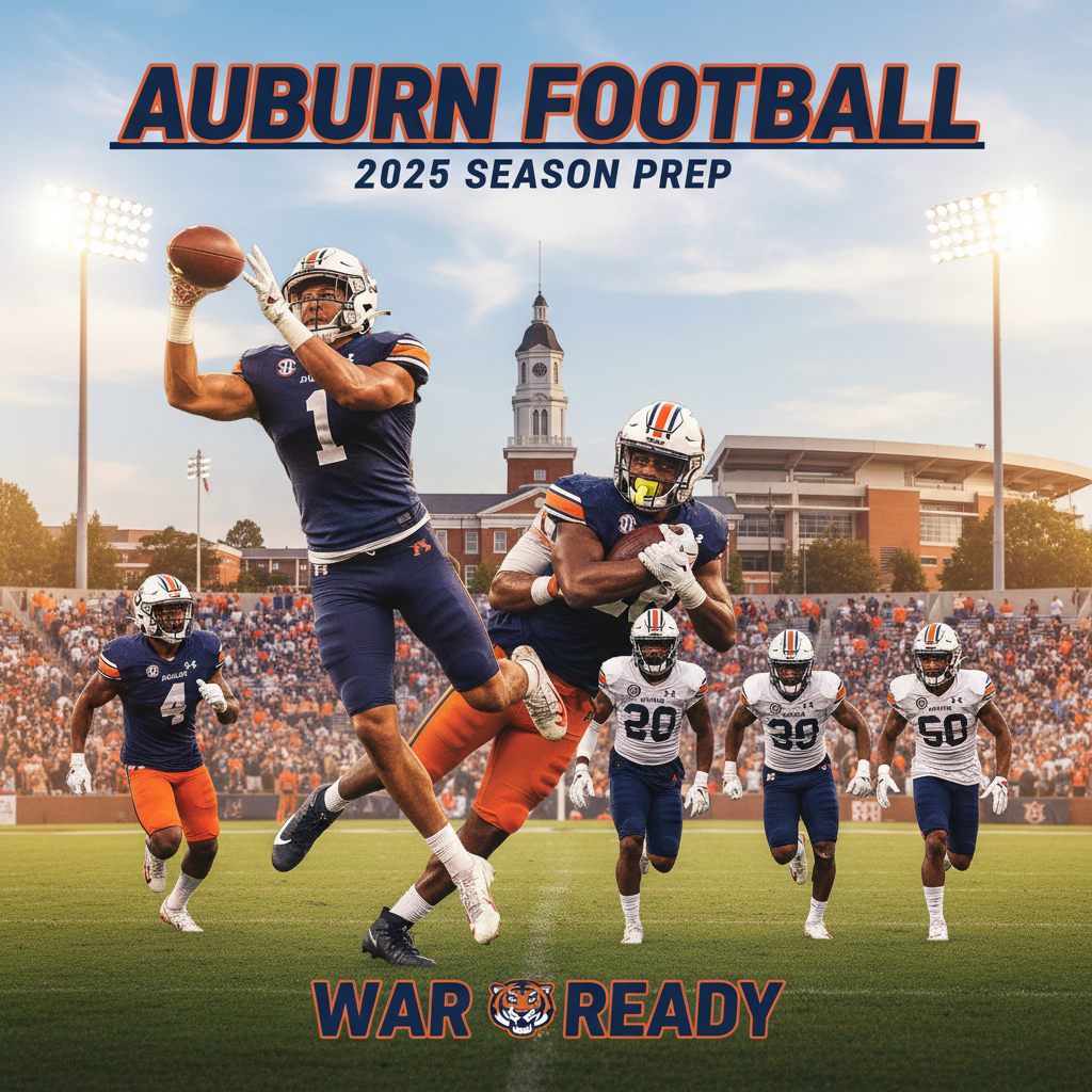 Alt text: A realistic and detailed poster of the Auburn Football team training intensely on the practice field for the 2025 season, featuring players in authentic navy blue and burnt orange uniforms running, tackling, and catching the ball under bright stadium lights with Auburn’s iconic campus landmarks and a stadium full of cheering fans in the background, capturing determination, teamwork, and school spirit.