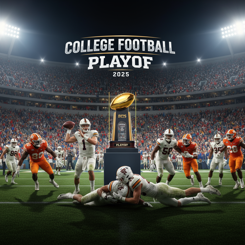 Alt text: A vibrant and realistic poster of the 2025 College Football Playoff featuring a packed stadium under bright lights, enthusiastic fans in team colors, intense players in authentic college football uniforms in action, and a gleaming championship trophy at the center, capturing the competitive atmosphere and passion of the playoff season.