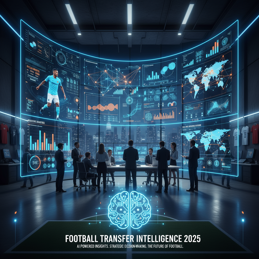 Alt text: A futuristic sports analytics lab showing data scientists and football analysts examining large digital screens with complex graphs, player statistics, and holographic player profiles, illustrating advanced AI-driven football transfer analysis for 2025.