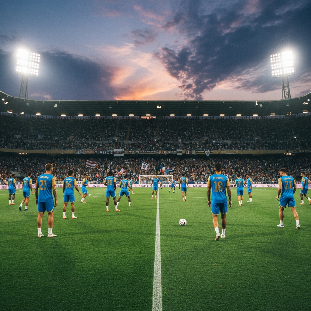 Alt text: A dynamic stadium scene under bright floodlights showing focused athletes in modern football kits warming up on a lush green pitch, with a packed crowd in the stands and a dramatic evening sky, capturing intense anticipation and competitive spirit before a high-stakes match.