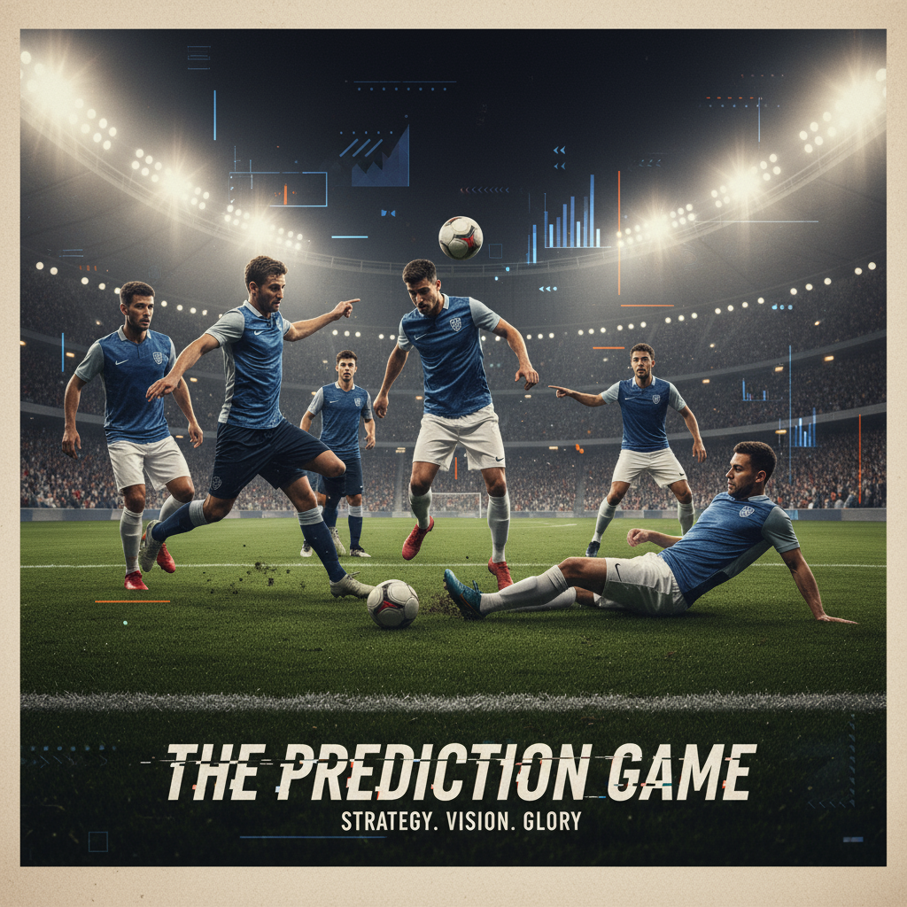 Alt text: Realistic football match poster showing intense player action and teamwork on a vibrant stadium pitch under bright floodlights, with subtle transparent data analysis graphs and digital overlays blending into the background, highlighting expert AI football predictions.
