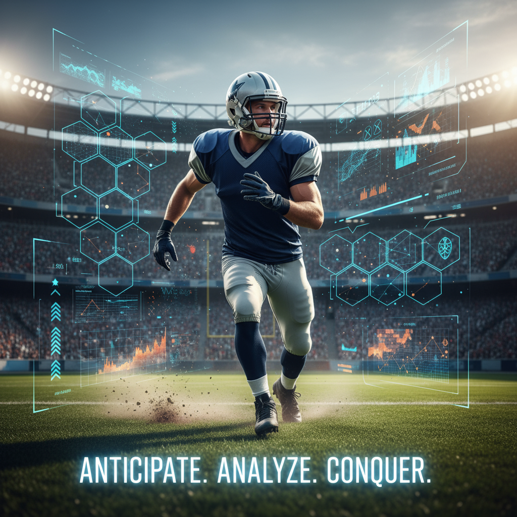 Alt text: Realistic sports poster showing a focused football player in action on a vibrant stadium field with glowing data analytics and real-time performance metrics overlays, highlighting energy and precision for expert AI football predictions.