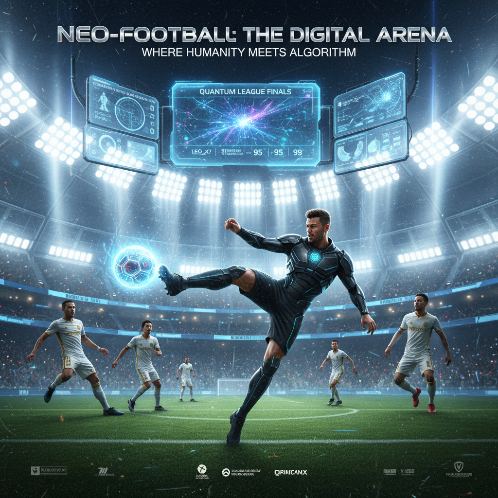 Alt text: Highly realistic poster of an intense AI-powered football match showing players in modern athletic gear on a lush green pitch under bright stadium lights, with holographic player stats and AI analytics in the background, capturing motion, focused expressions, and detailed textures, blending cutting-edge technology with traditional football excitement.