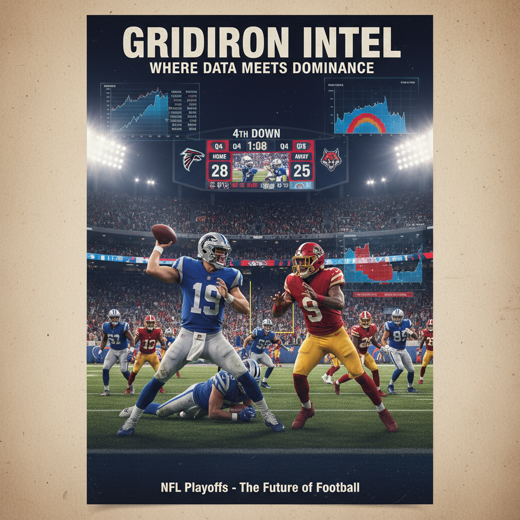 ALT text: A realistic and detailed poster of an intense NFL football game under bright stadium lights, featuring players in authentic team uniforms with visible logos and helmets in dynamic action poses, a large digital scoreboard, a packed crowd, and subtle graphical overlays of player statistics and predictive charts in the background, using team colors and lighting effects to highlight the fusion of advanced data analytics with the excitement of professional football.