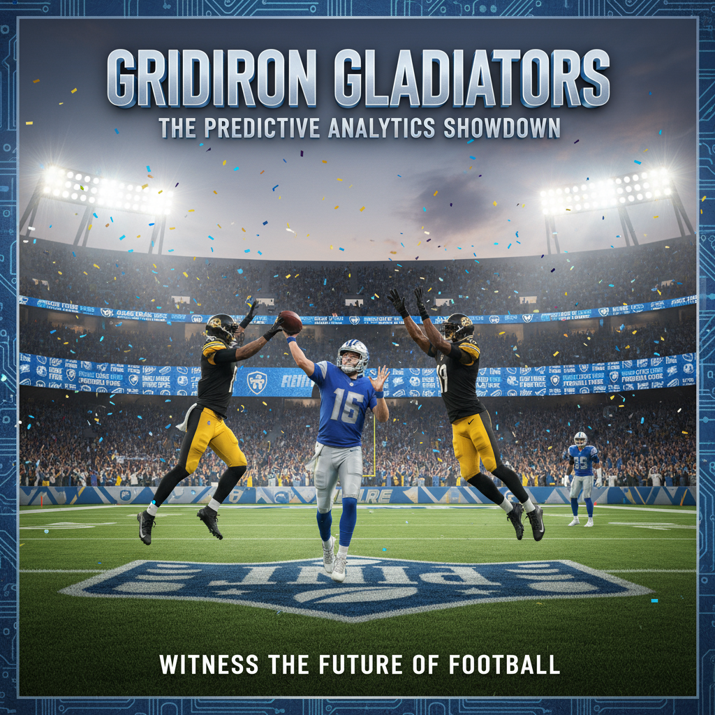 ALT text: Realistic and detailed poster of an intense NFL football game scene with players in authentic team uniforms engaged in a crucial play on a brightly lit stadium field, surrounded by cheering fans and stadium lights, capturing the energy and anticipation of the upcoming match for AI NFL football predictions.