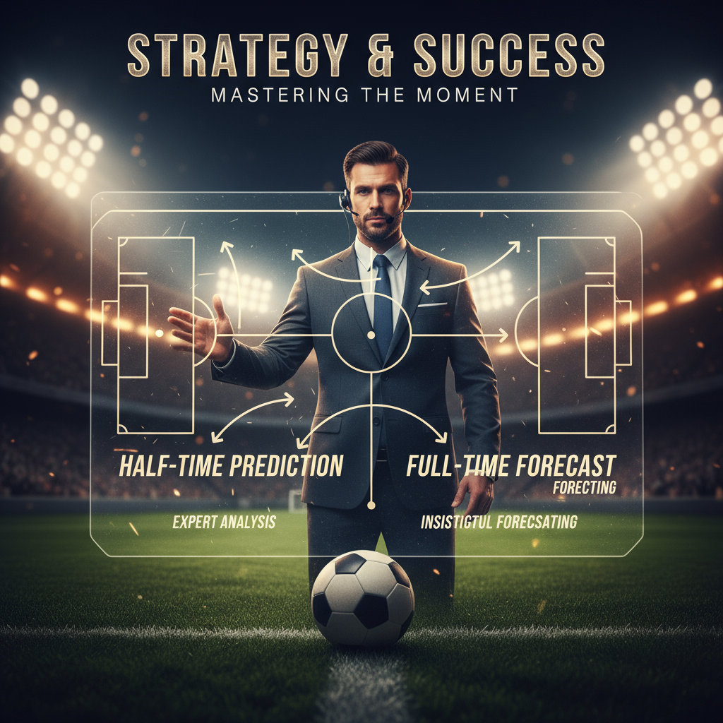 图片ALT文本：真实细腻的足球海报，展示半场和全场投注预测主题，画面包含灯光照耀下的足球场、带有战术标记的战术板和一位自信的体育分析师指向战术板，营造专业分析和深度预测的氛围。