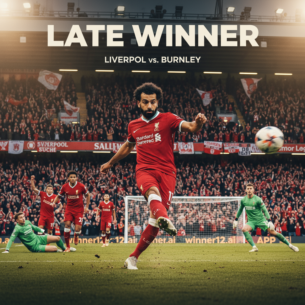 ALT text: A realistic and detailed poster capturing an intense English Premier League moment between Liverpool and Burnley, featuring Mohamed Salah in Liverpool’s iconic red kit confidently taking a decisive penalty kick amid a passionate stadium crowd, with the soccer ball heading towards the goal, highlighted by authentic lighting and textures to emphasize tension, and subtle winner12.ai branding in a clean, modern style.