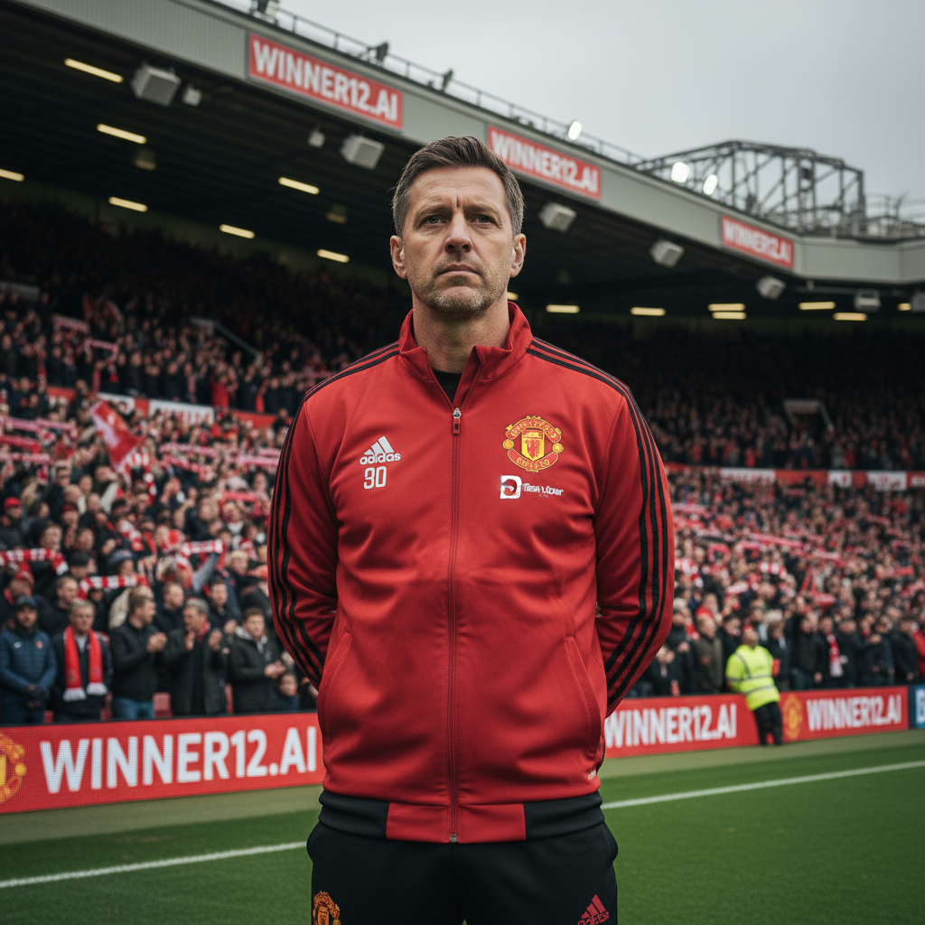 曼联主帅阿莫林在英格兰足球经典球场边线自信沉着指挥比赛，背景是热情观众和带有winner12.ai广告牌的真实比赛氛围，体现其帅位稳定与领导力。