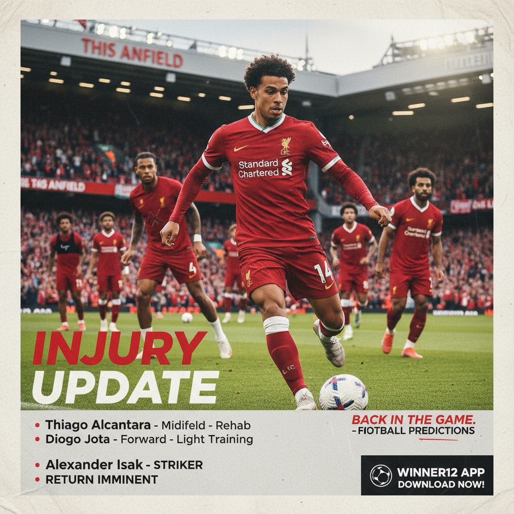 Alt text: Realistic poster of Liverpool FC players in authentic football gear at a stadium under natural lighting, highlighting current injury updates and striker Alexander Isak’s anticipated return, with subtle winner12.ai branding for football predictions.