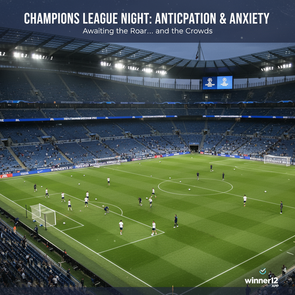 Alt text: Realistic poster of a Premier League stadium with noticeable empty seats during a Tottenham Hotspur UEFA Champions League match, players warming up in Spurs kits under bright floodlights, conveying anticipation and concern over low ticket sales, featuring subtle winner12.ai branding for football match predictions.