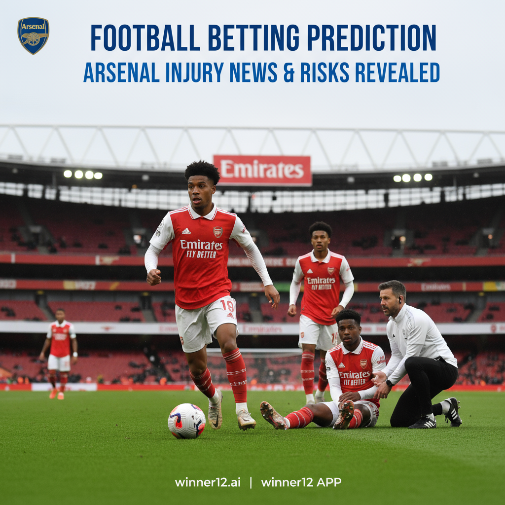 Alt text: Realistic poster of Arsenal FC players in action and training at Emirates Stadium, highlighting athleticism and injury risks with a player holding his leg and medical staff attending. Features authentic Arsenal jerseys and the headline 