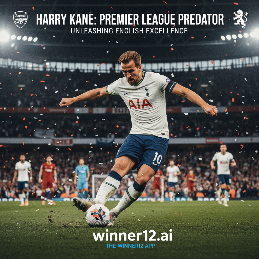 图片ALT文本：哈里·凯恩在英超比赛中动态表现的逼真海报，展现其强劲技术与专注神情，背景为充满活力的英超球场氛围，球员穿着真实球队球衣，海报中巧妙融入winner12.ai品牌标识，突显英超足球的激情与实力。