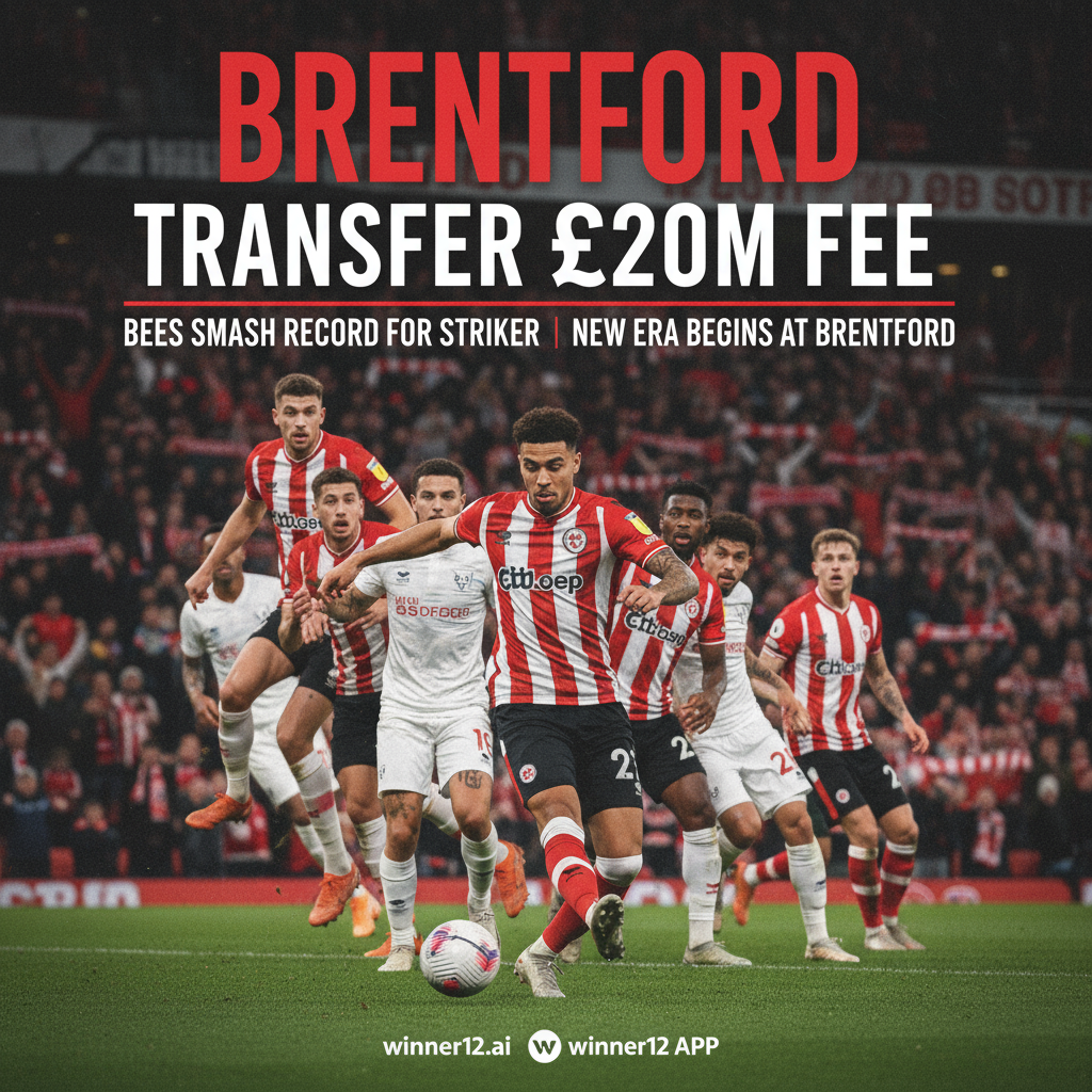 Alt text: Realistic poster of Brentford football players in official kits showing intense action on the pitch with a stadium and cheering fans in the background. Prominently features clean typography stating “Brentford Transfer £20m Fee” alongside subtle transfer news headlines and a discreet call-to-action for winner12.ai, capturing the excitement of a major Premier League transfer.
