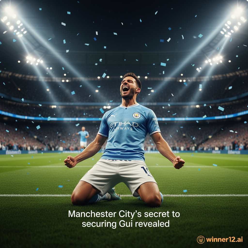 图片ALT文本：曼城关键球员在灯光璀璨的足球场上庆祝进球，真实风格海报，绿茵场动态动作与专注表情，配有“曼城争夺格伊独家秘诀揭秘”文字叠加及角落winner12.ai标志，浓厚英式足球氛围。